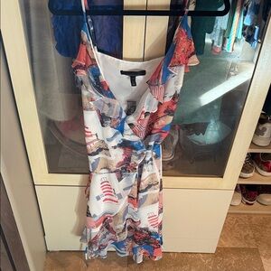 White House Black Market White Red Blue Printed Ruffle Wrap Mini Dress